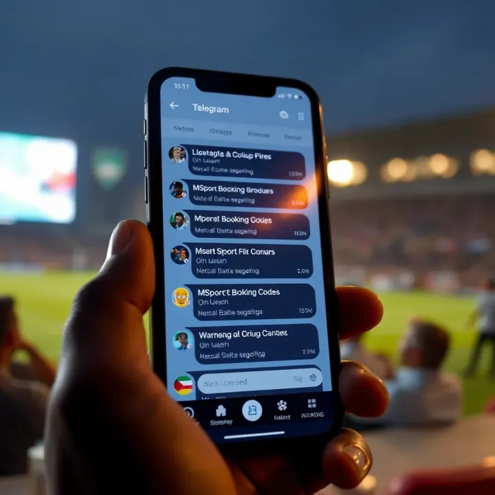 Telegram app interface showing a sports betting group chat with MSport booking codes