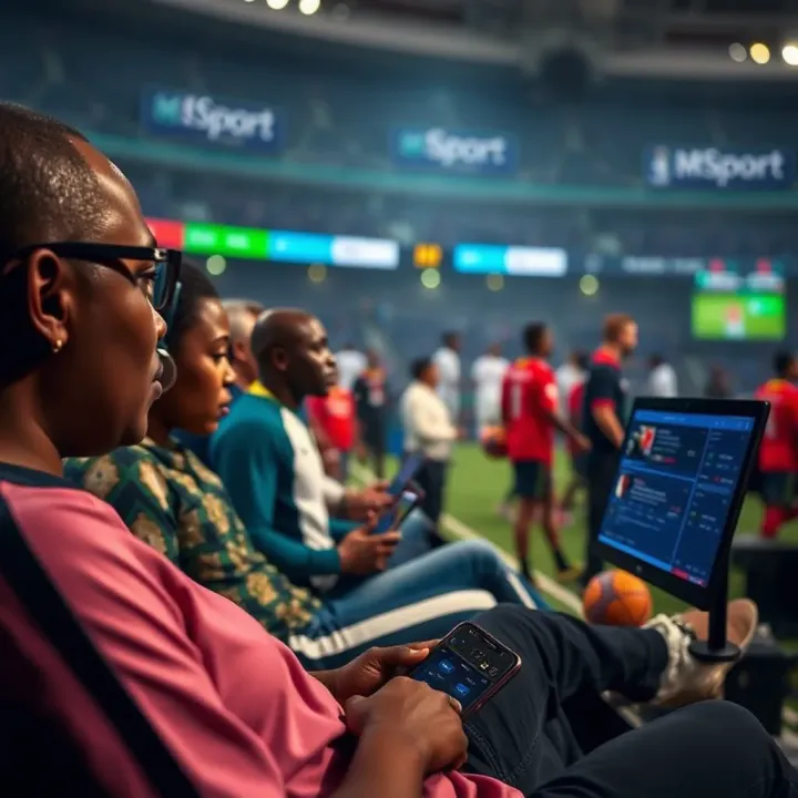 Illustration of Nigerian users accessing MSport Online on mobile devices with sports updates and betting odds