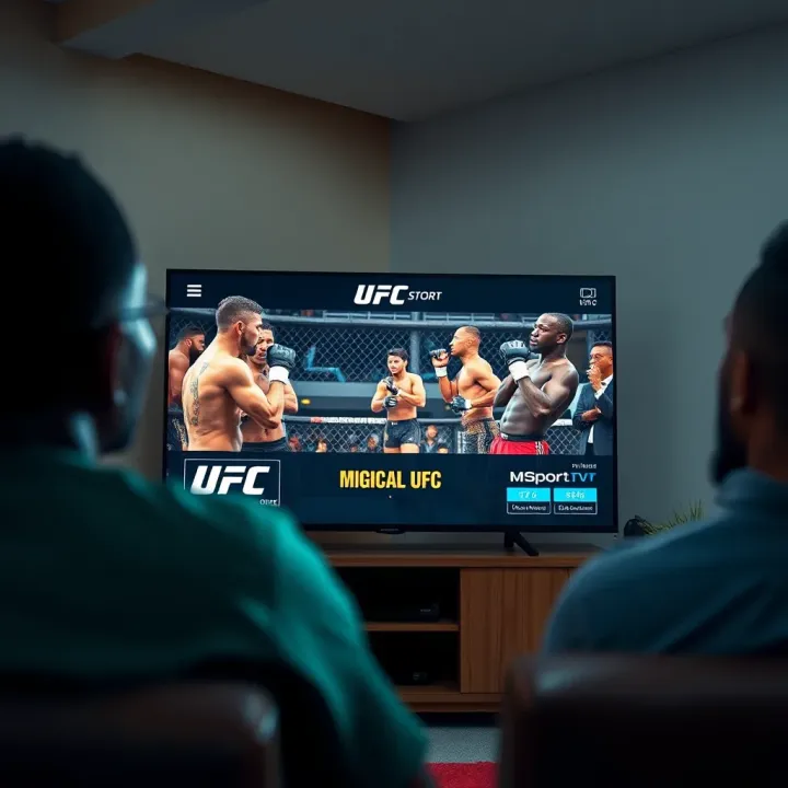Viewers watching UFC broadcast on television highlighting MSport UFC streaming service in Nigeria