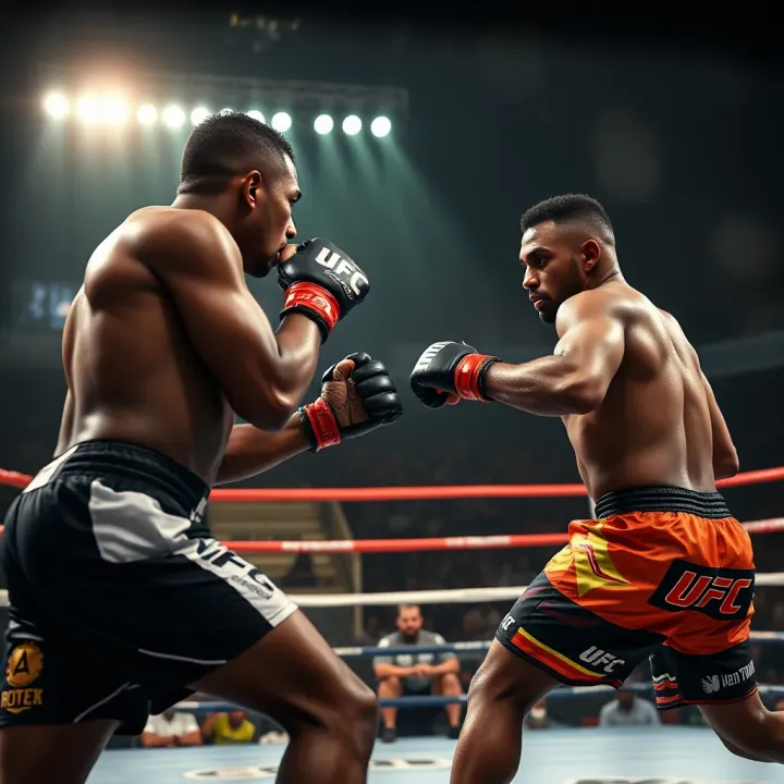 Intense UFC Fight Demonstrating Mixed Martial Arts Skills UFC fighters engaged in a dynamic mixed martial arts match inside the octagon