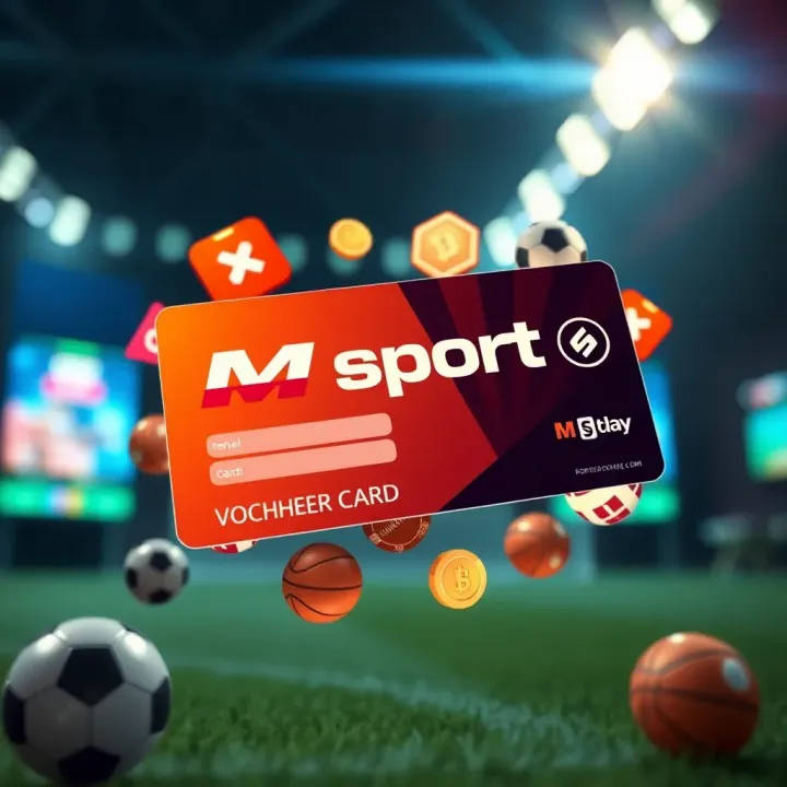 Illustration showing a digital voucher card for Msport with gaming icons around it