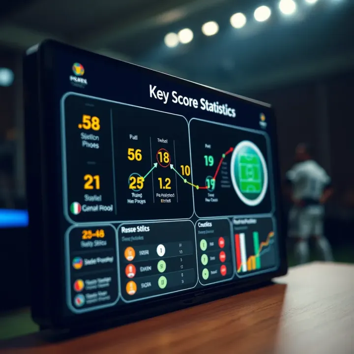 Diagram showing key football match statistics influencing score predictions on a digital screen